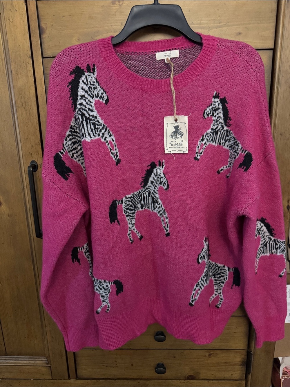 easel Fuchsia Zebra Intarsia Crewneck Sweater